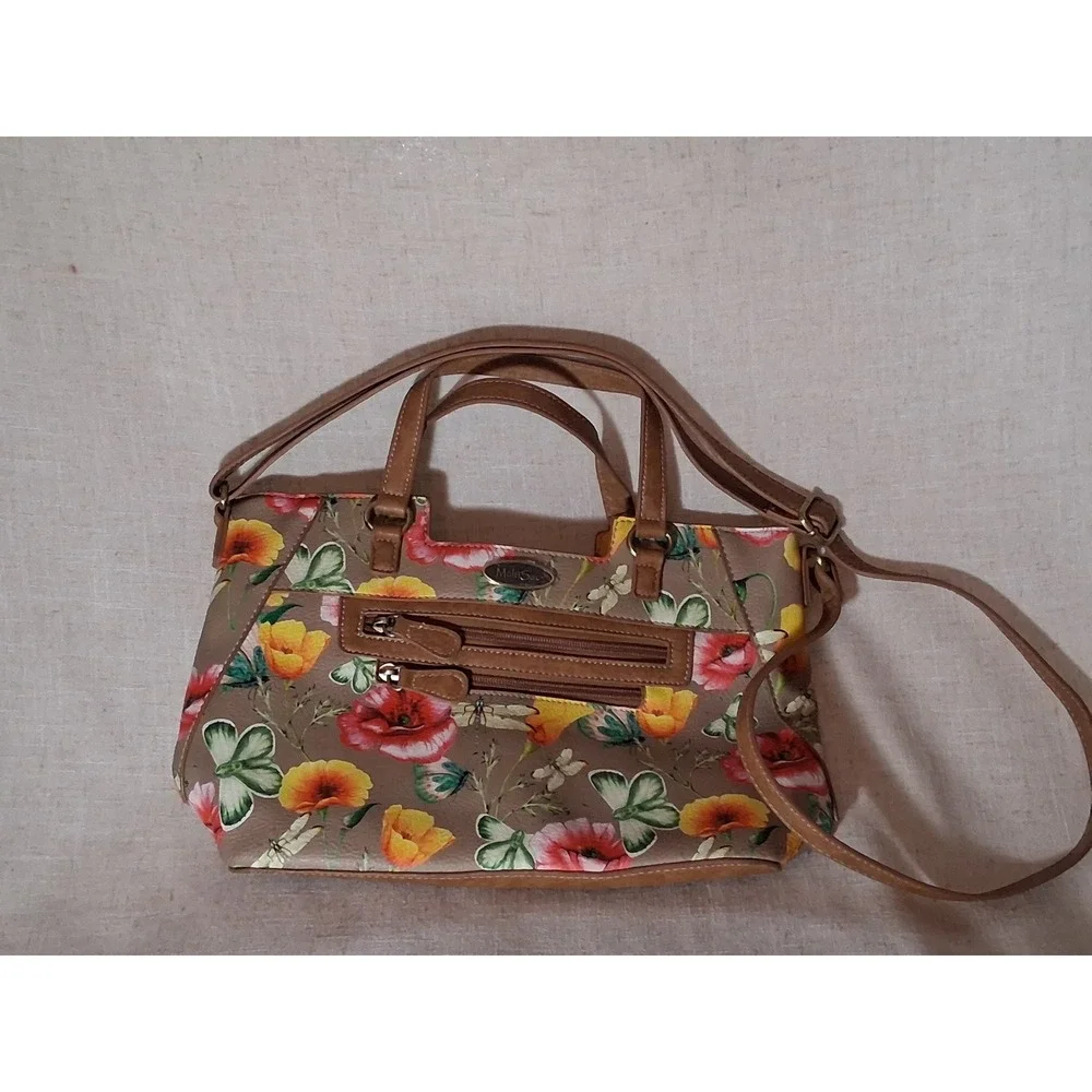 MultiSac Floral Butterfly Dragonfly Satchel Crossbody Handbag Tan Multi Pocket